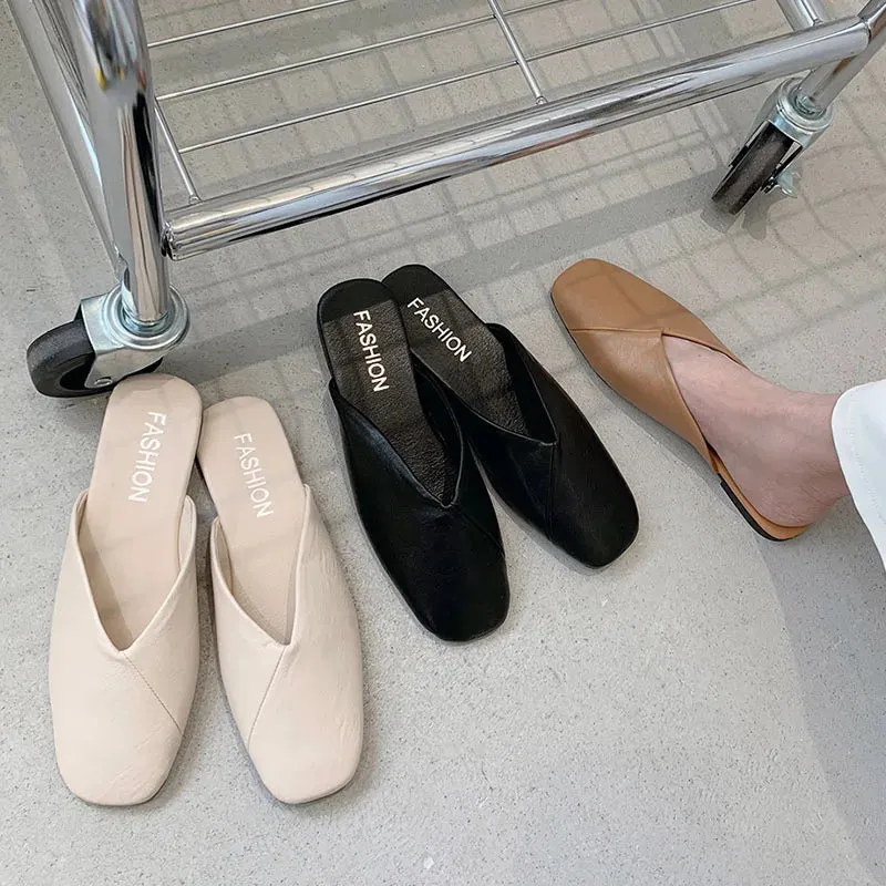 LBSFY  -  Women Mules 2024 Summer Elegant Square Closed Toe Flat Slippers Female Shoes Casual Leather Black White Slides Plus Size 35-41
