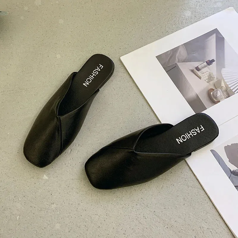 LBSFY  -  Women Mules 2024 Summer Elegant Square Closed Toe Flat Slippers Female Shoes Casual Leather Black White Slides Plus Size 35-41