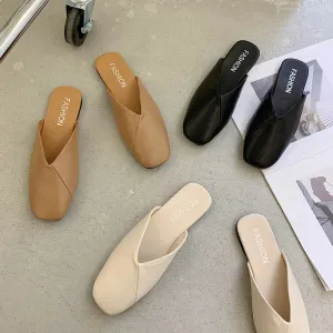 LBSFY  -  Women Mules 2024 Summer Elegant Square Closed Toe Flat Slippers Female Shoes Casual Leather Black White Slides Plus Size 35-41