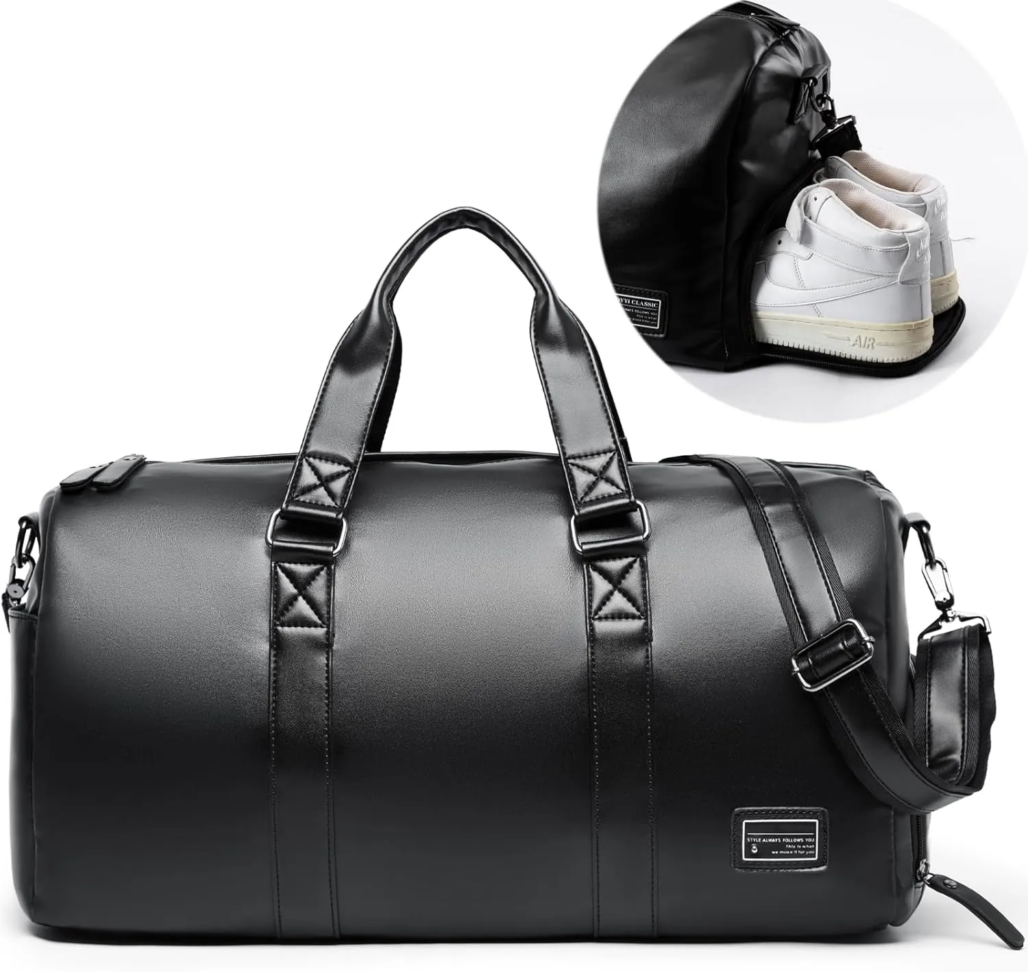 Leather Duffle Travel Gym Bag for Men with Shoe Compartment, 32L PU Leather Weekender Waterproof Overnight Bag Gym Sports Carry-On Black