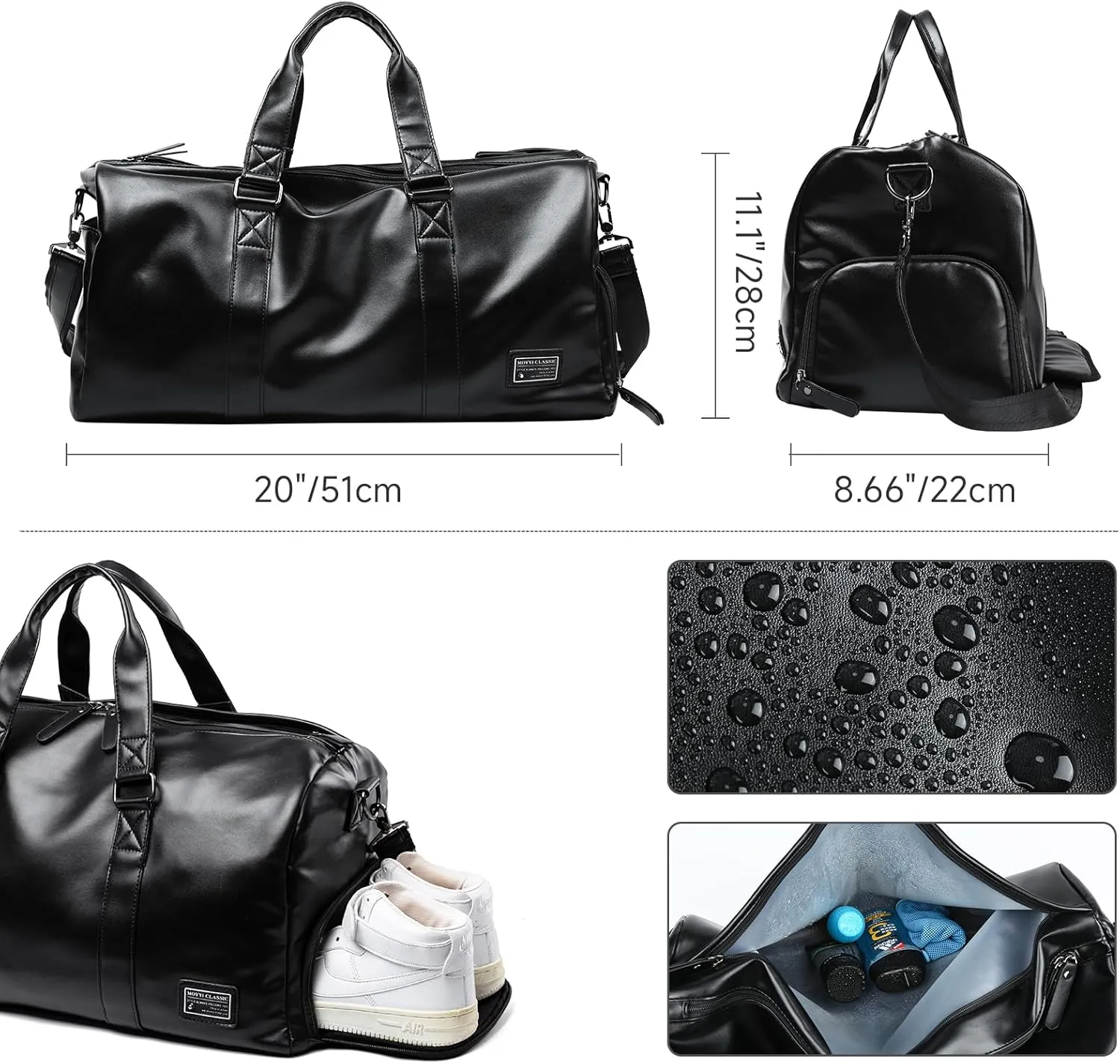 Leather Duffle Travel Gym Bag for Men with Shoe Compartment, 32L PU Leather Weekender Waterproof Overnight Bag Gym Sports Carry-On Black
