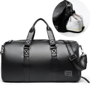 Leather Duffle Travel Gym Bag for Men with Shoe Compartment, 32L PU Leather Weekender Waterproof Overnight Bag Gym Sports Carry-On Black