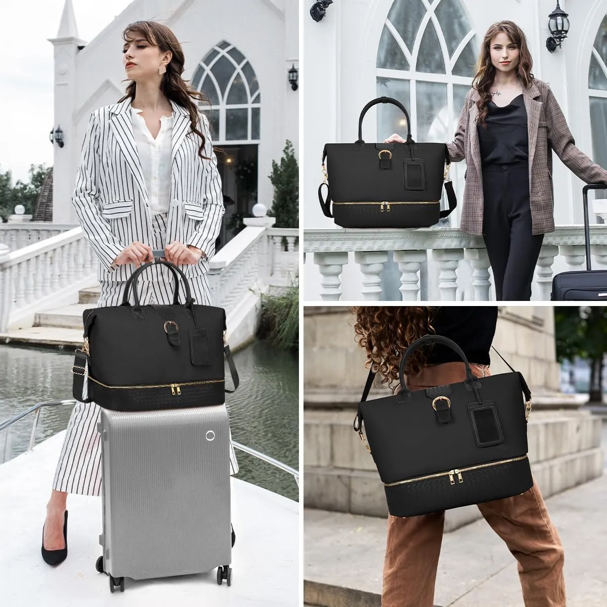 Leather Weekender Bags for Women, Travel Duffel Bag PU Overnight Bag Carry On Tote Bag with Shoe Compartment Wet Pocket