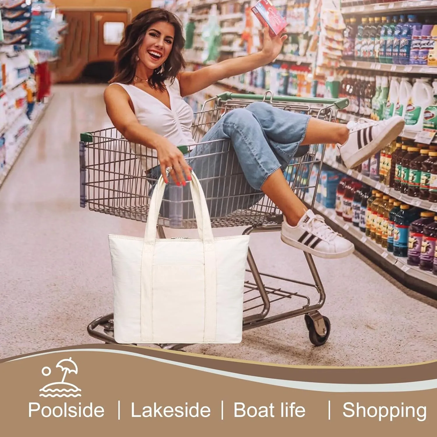 LEDAOU Beach Bags for Women, Beach Bags Waterproof Sandproof, Packable Beach Tote Bag with Zipper Travel Sports