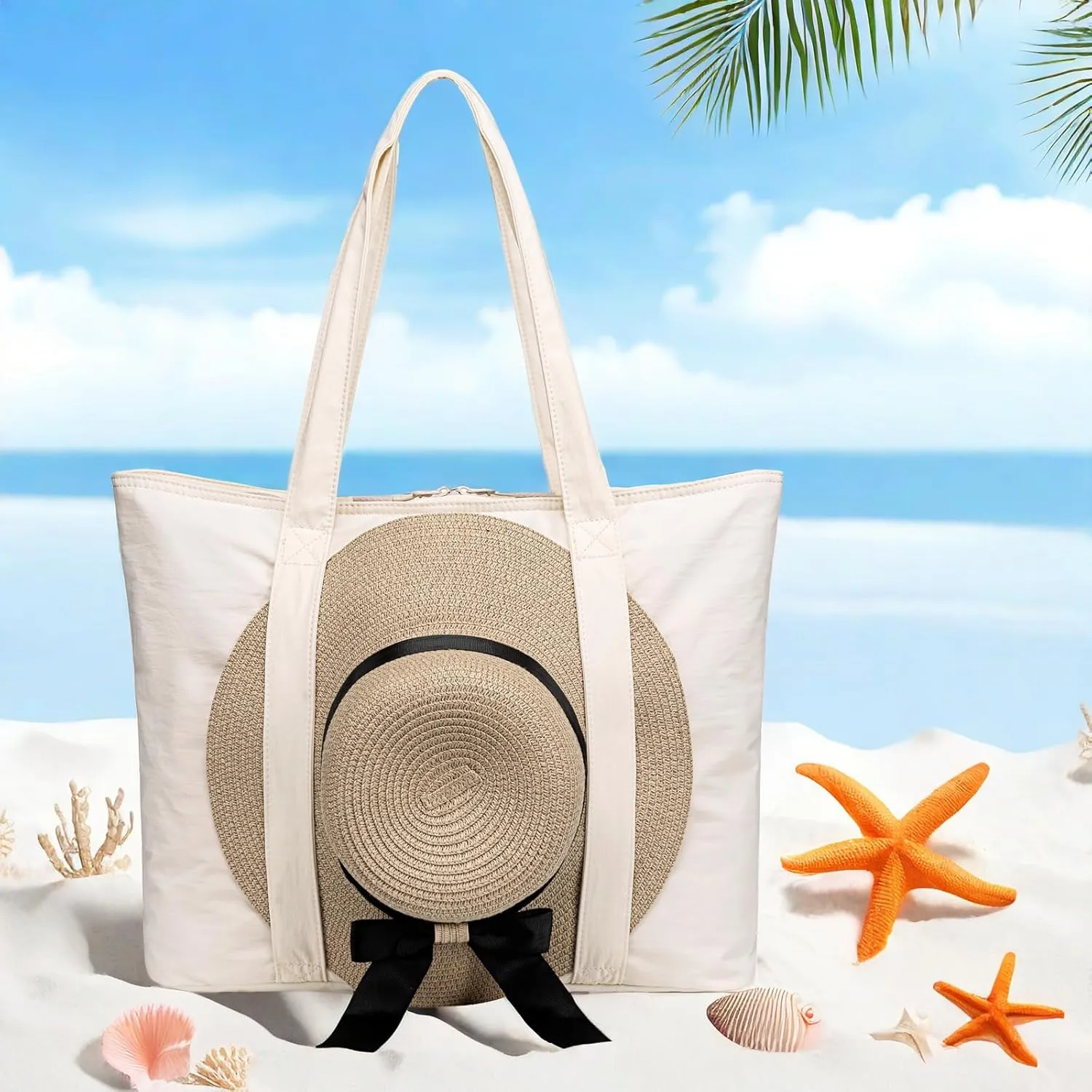 LEDAOU Beach Bags for Women, Beach Bags Waterproof Sandproof, Packable Beach Tote Bag with Zipper Travel Sports