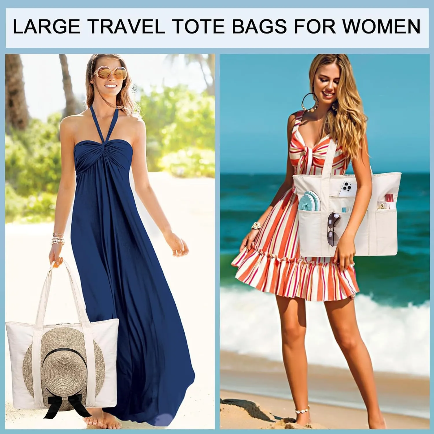 LEDAOU Beach Bags for Women, Beach Bags Waterproof Sandproof, Packable Beach Tote Bag with Zipper Travel Sports