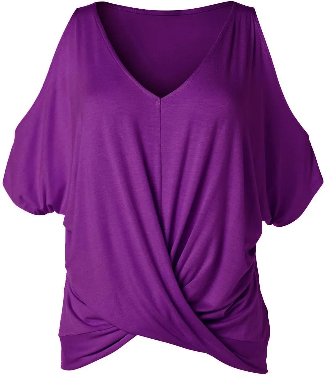LEIYEE Womens Summer Cold Shoulder Tops Short Sleeve Front Twist Knot V Neck T Shirts Draped Blouses