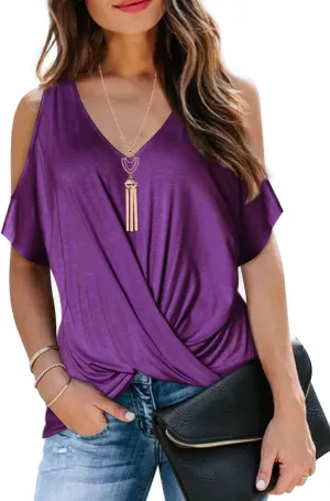 LEIYEE Womens Summer Cold Shoulder Tops Short Sleeve Front Twist Knot V Neck T Shirts Draped Blouses
