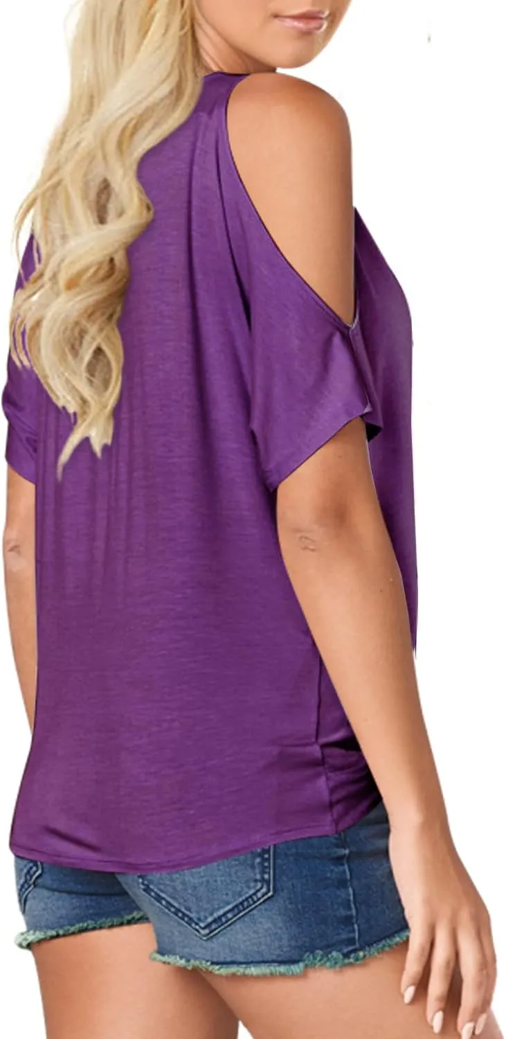 LEIYEE Womens Summer Cold Shoulder Tops Short Sleeve Front Twist Knot V Neck T Shirts Draped Blouses