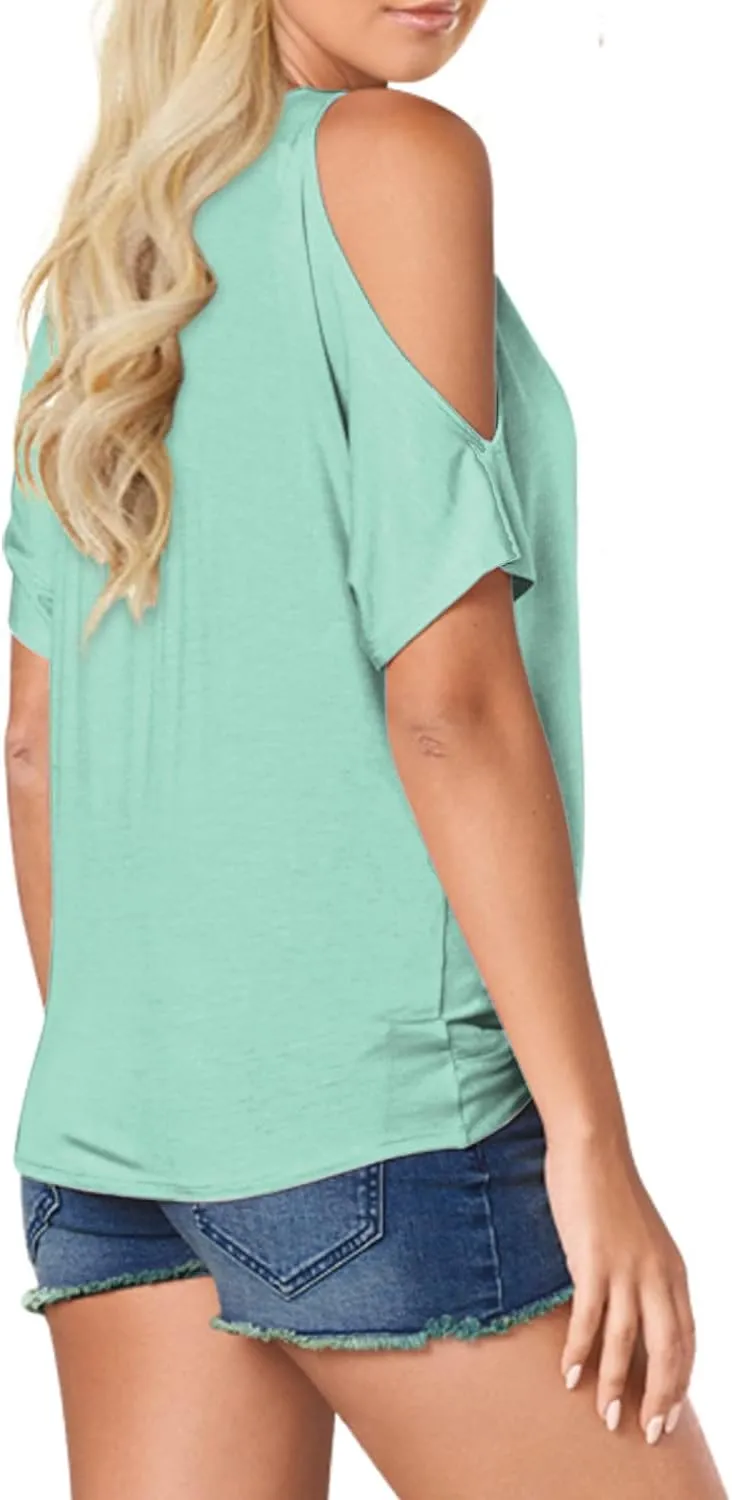 LEIYEE Womens Summer Cold Shoulder Tops Short Sleeve Front Twist Knot V Neck T Shirts Draped Blouses