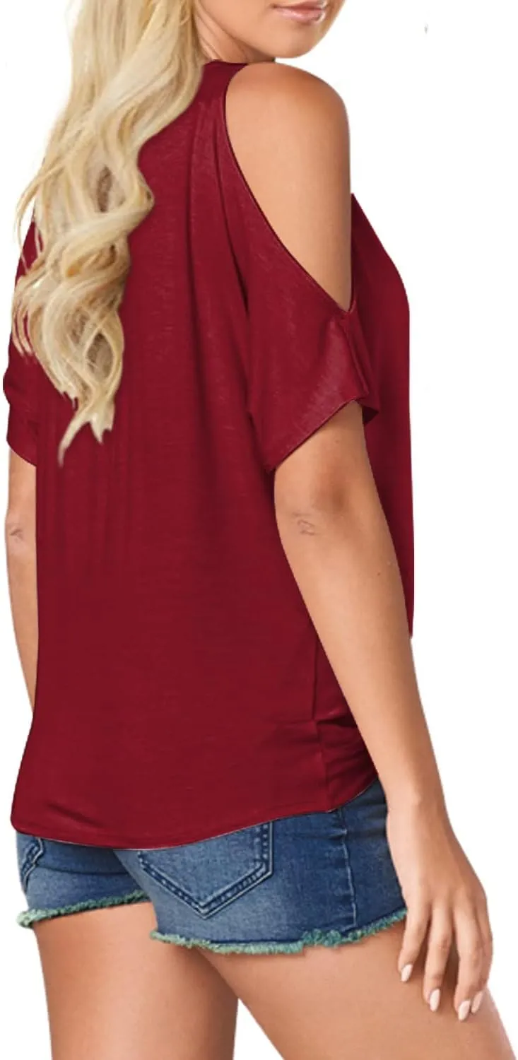 LEIYEE Womens Summer Cold Shoulder Tops Short Sleeve Front Twist Knot V Neck T Shirts Draped Blouses