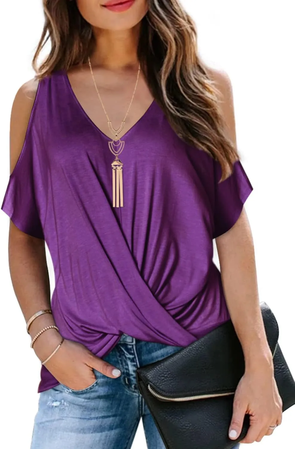 LEIYEE Womens Summer Cold Shoulder Tops Short Sleeve Front Twist Knot V Neck T Shirts Draped Blouses
