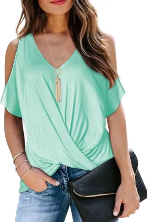 LEIYEE Womens Summer Cold Shoulder Tops Short Sleeve Front Twist Knot V Neck T Shirts Draped Blouses