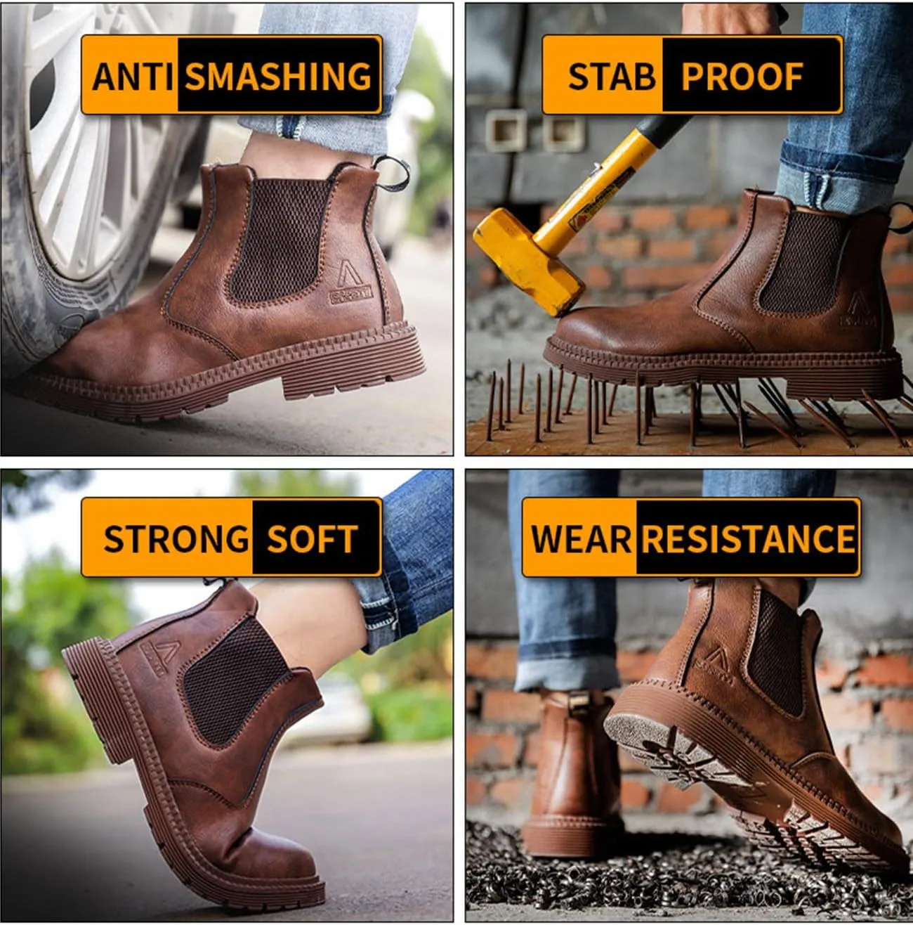 Letuwj Men's Steel Toe Work Boots Slip On Breathable Quick Dry Safety Leather Indestructible Work Safety Shoes