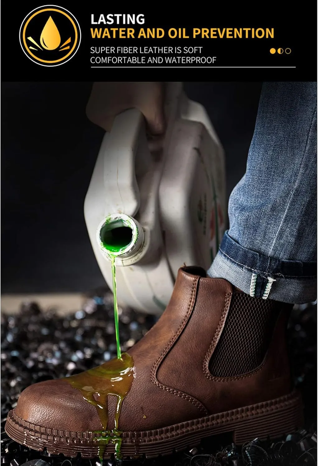 Letuwj Men's Steel Toe Work Boots Slip On Breathable Quick Dry Safety Leather Indestructible Work Safety Shoes