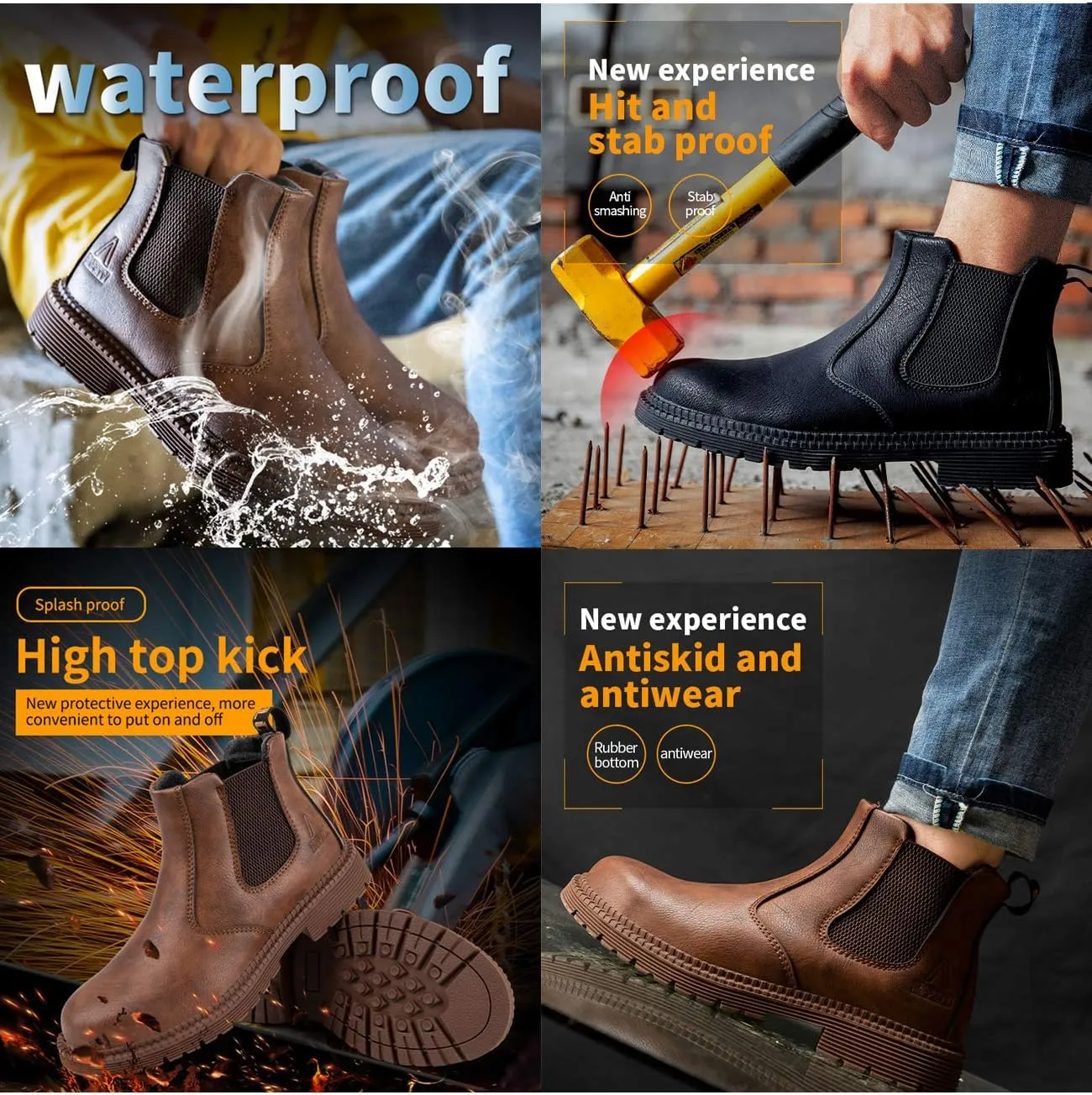 Letuwj Men's Steel Toe Work Boots Slip On Breathable Quick Dry Safety Leather Indestructible Work Safety Shoes