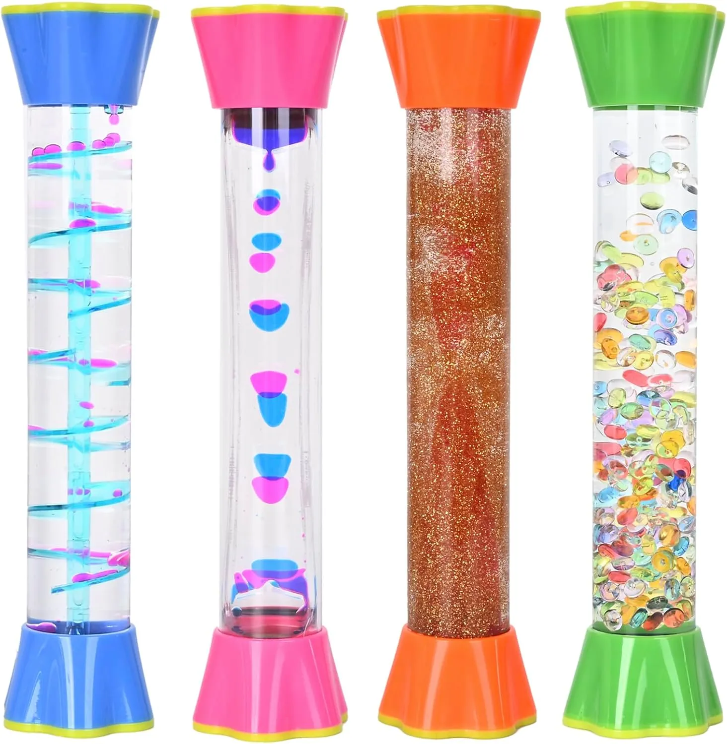 Liquid Motion Bubbler Colorful Sensory Timer 4 Set for Kids - Visual Learning Toys with Durable Design, Quiet Time Management Toys for Classroom & Home Activities (Long Cylinder)
