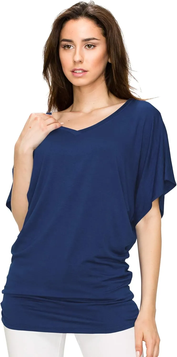 Lock and Love Women's Versatile Casual Short Sleeve Dolman Top – Loose Fit Boat Neck & V-Neck T-Shirt