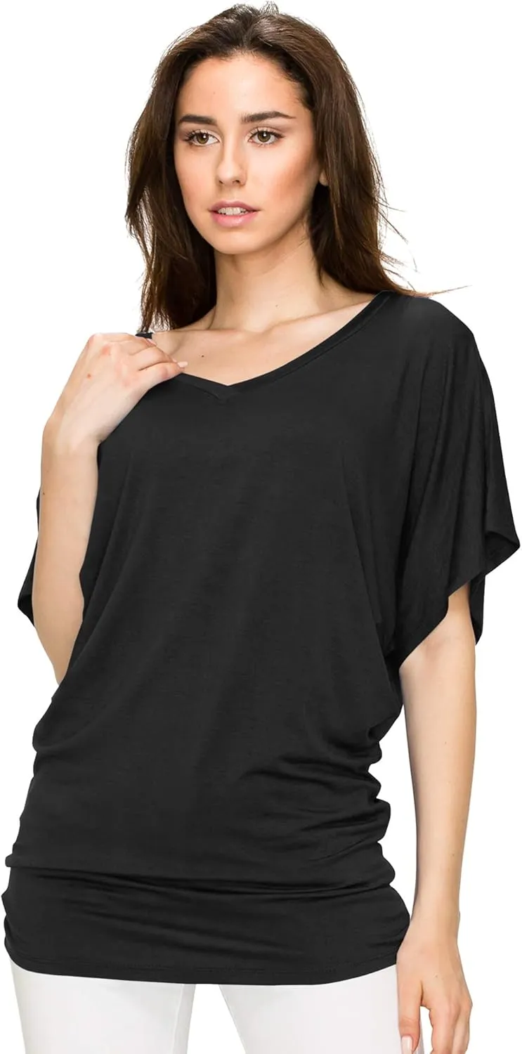 Lock and Love Women's Versatile Casual Short Sleeve Dolman Top – Loose Fit Boat Neck & V-Neck T-Shirt