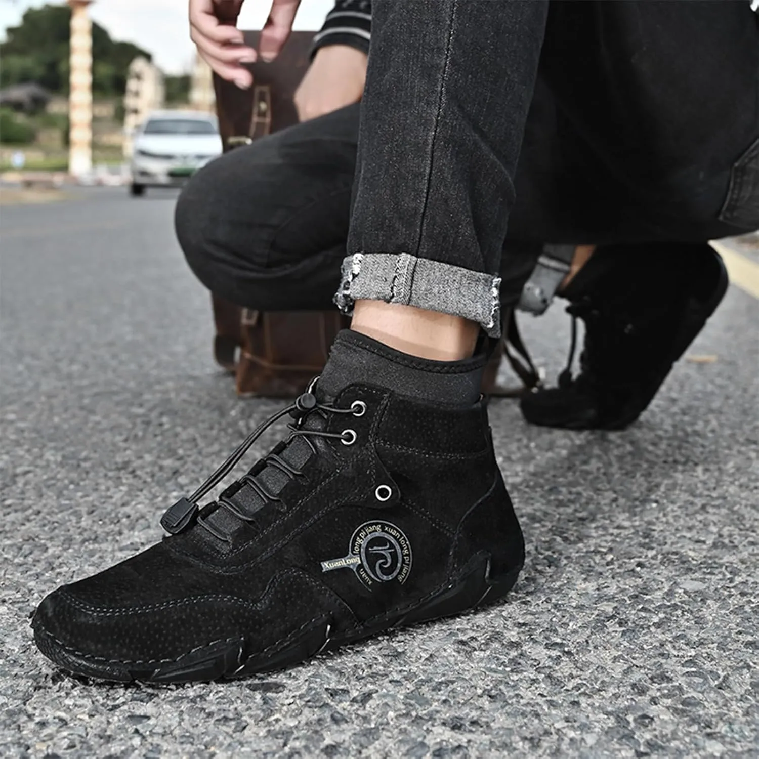 Lossarye Men's Handmade Suede Casual Chukka Boots Adjustable Waterproof Non-Slip Outdoor High Top Boots Slip-on Walking Driving Beck Shoes