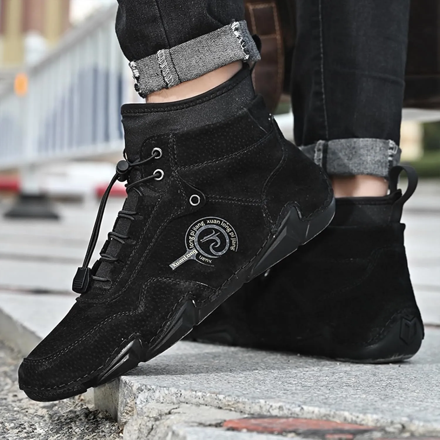 Lossarye Men's Handmade Suede Casual Chukka Boots Adjustable Waterproof Non-Slip Outdoor High Top Boots Slip-on Walking Driving Beck Shoes