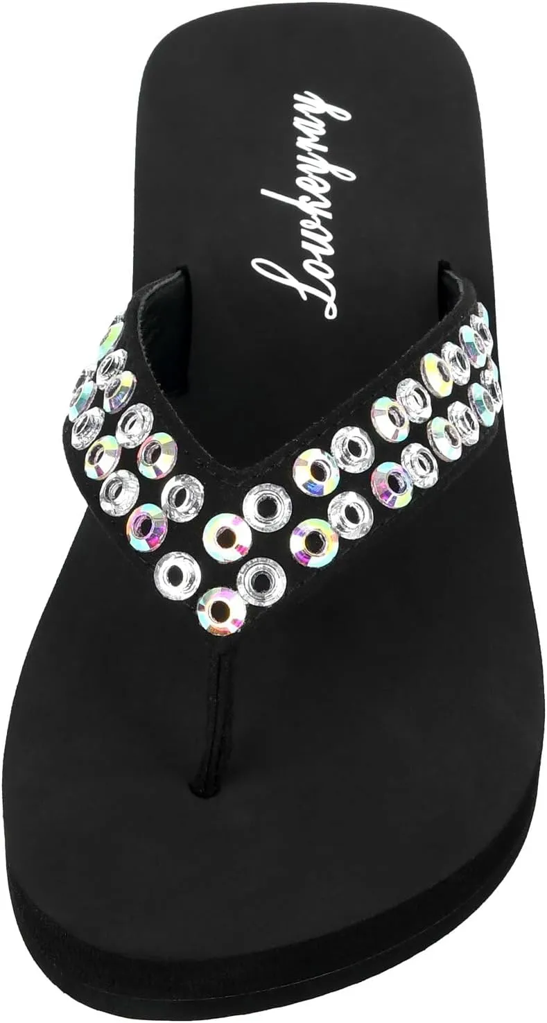 Low-Platform Flip Flops with Soft EVA Sole, 1.18" Heel & 0.59" Toe, Sparkling & Iridescent Rhinestone Design – Lightweight, Comfortable, Stylish for Indoor & Outdoor Wear