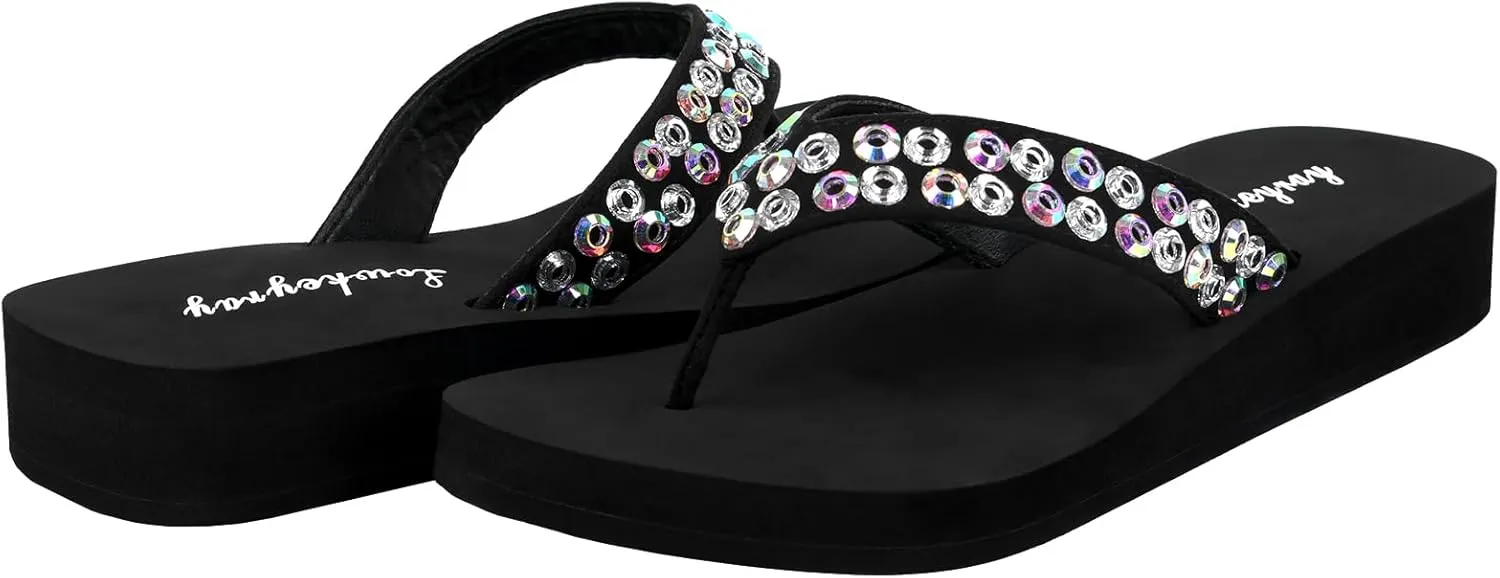 Low-Platform Flip Flops with Soft EVA Sole, 1.18" Heel & 0.59" Toe, Sparkling & Iridescent Rhinestone Design – Lightweight, Comfortable, Stylish for Indoor & Outdoor Wear