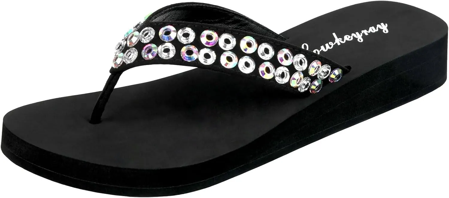 Low-Platform Flip Flops with Soft EVA Sole, 1.18" Heel & 0.59" Toe, Sparkling & Iridescent Rhinestone Design – Lightweight, Comfortable, Stylish for Indoor & Outdoor Wear