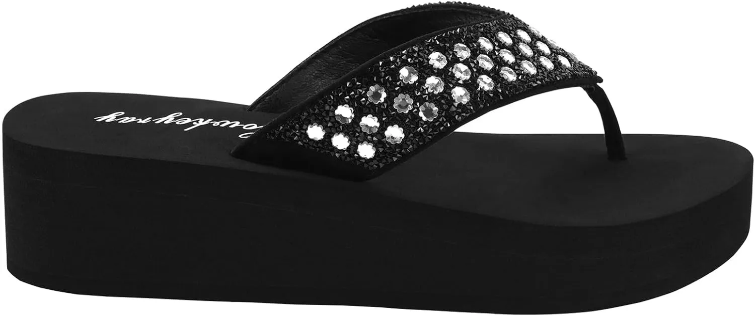 Lowkeyray Wedge Flip Flops for Women Rhinestone Comfortable Sandals