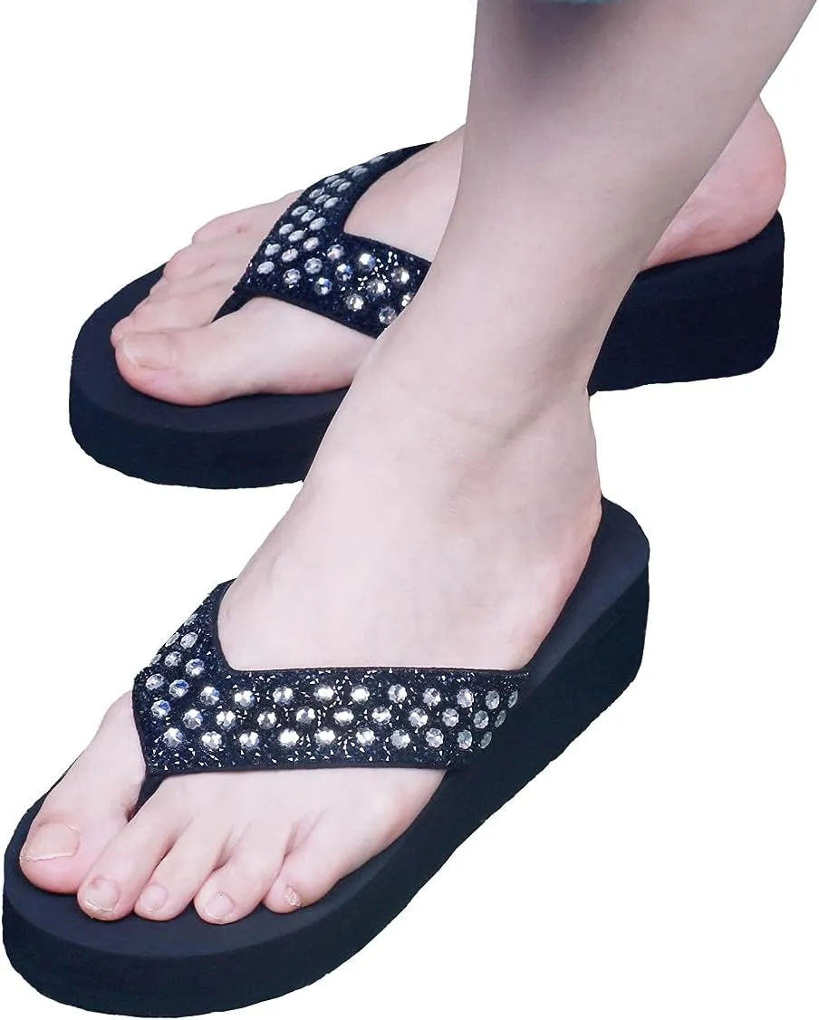 Lowkeyray Wedge Flip Flops for Women Rhinestone Comfortable Sandals