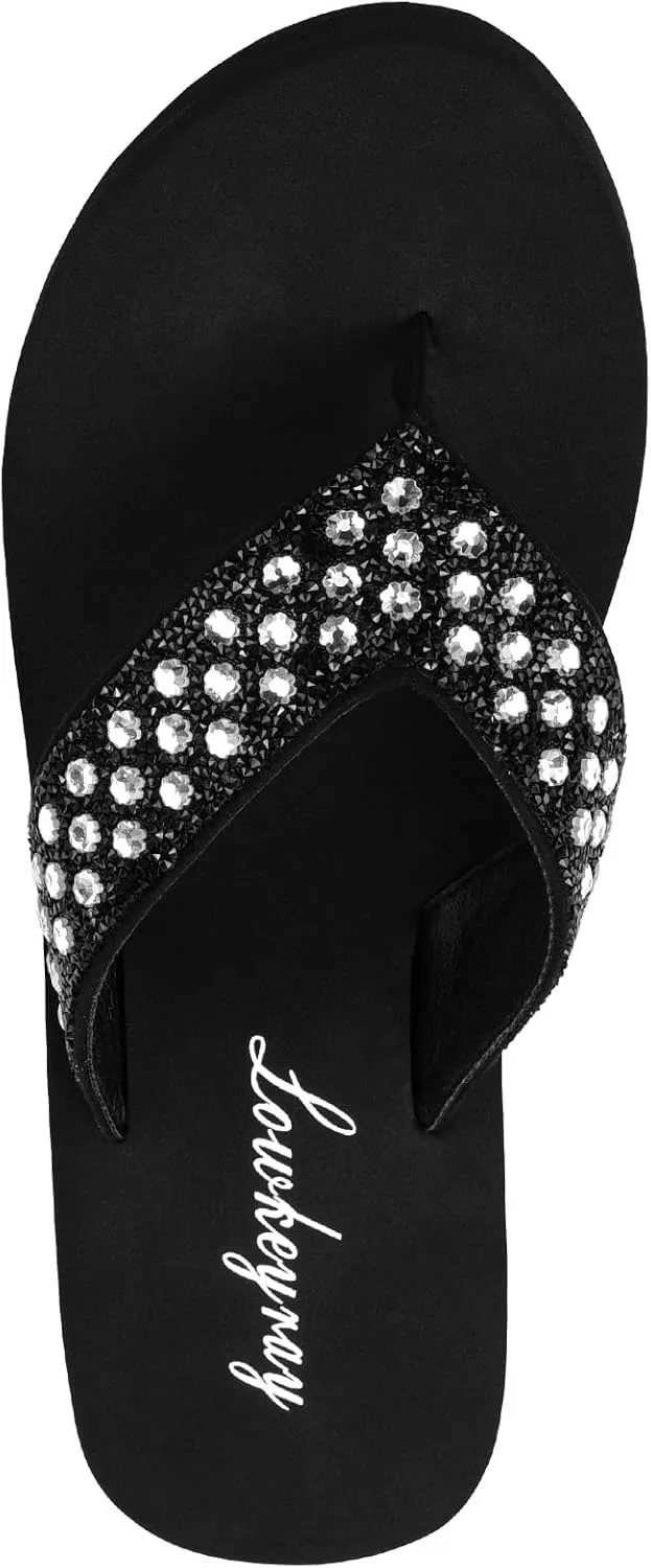 Lowkeyray Wedge Flip Flops for Women Rhinestone Comfortable Sandals