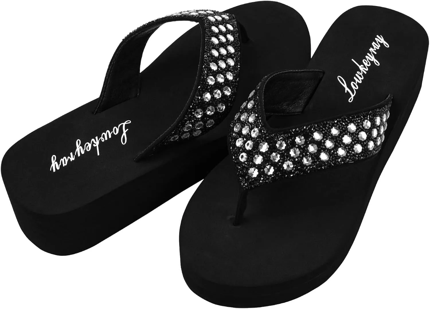 Lowkeyray Wedge Flip Flops for Women Rhinestone Comfortable Sandals