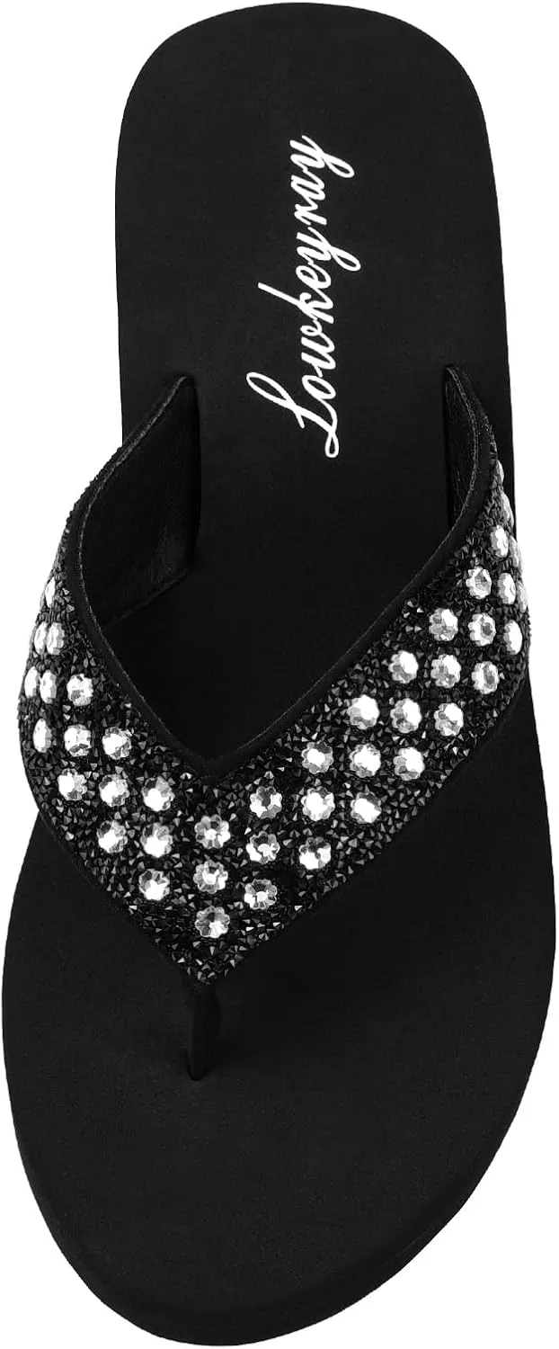 Lowkeyray Wedge Flip Flops for Women Rhinestone Comfortable Sandals