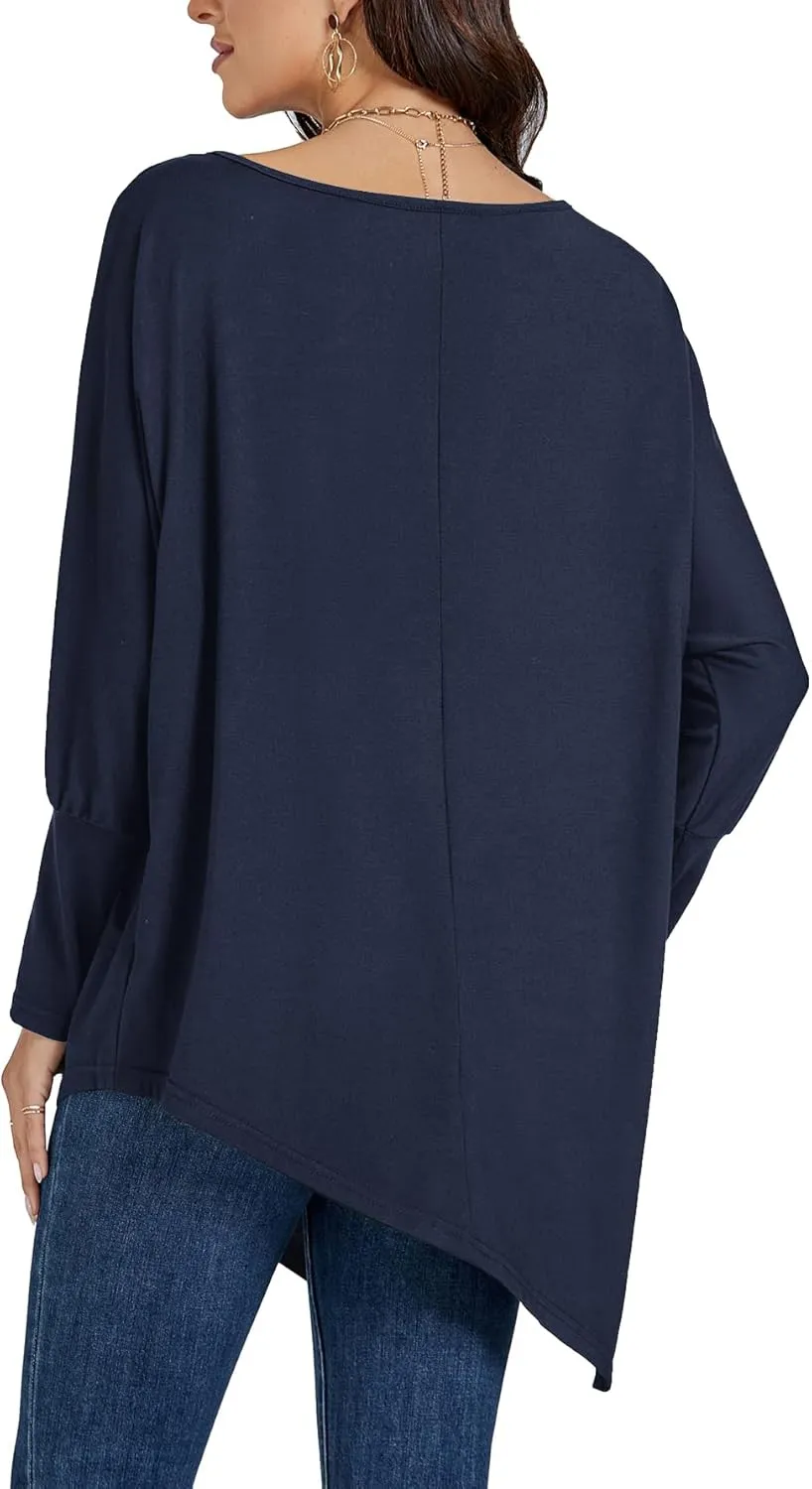 LYANER Women's Boat Neck Asymmetrical Hem Bat Long Sleeve Split Loose Tunic T-Shirt Top