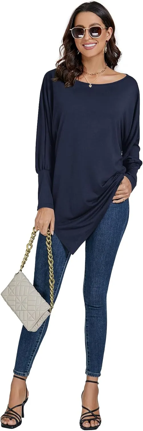 LYANER Women's Boat Neck Asymmetrical Hem Bat Long Sleeve Split Loose Tunic T-Shirt Top