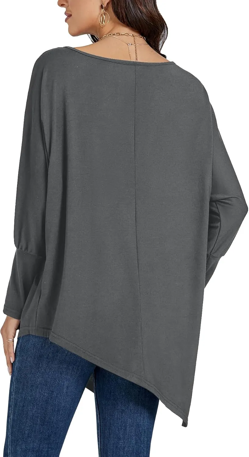 LYANER Women's Boat Neck Asymmetrical Hem Bat Long Sleeve Split Loose Tunic T-Shirt Top