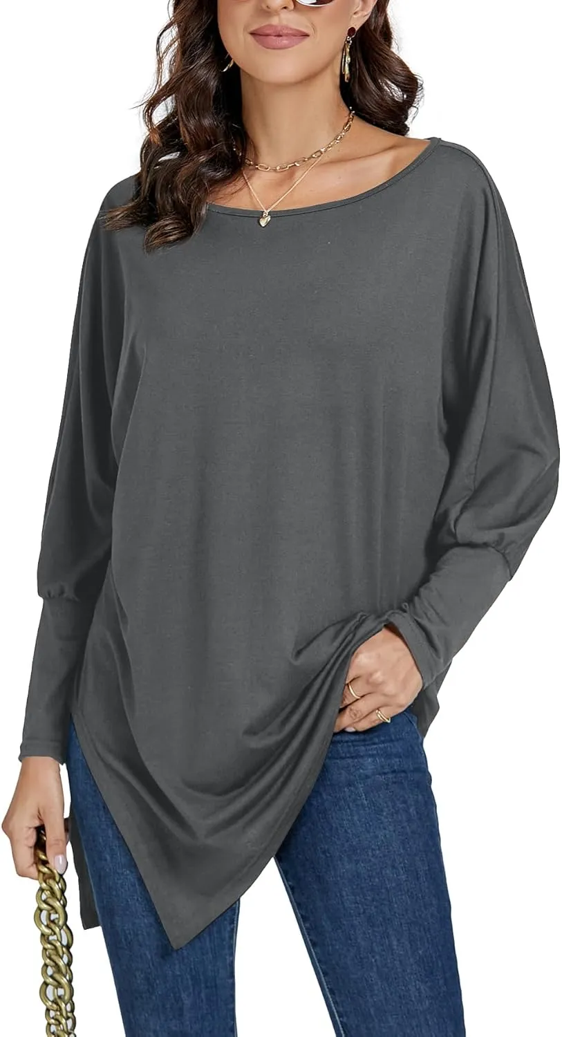 LYANER Women's Boat Neck Asymmetrical Hem Bat Long Sleeve Split Loose Tunic T-Shirt Top