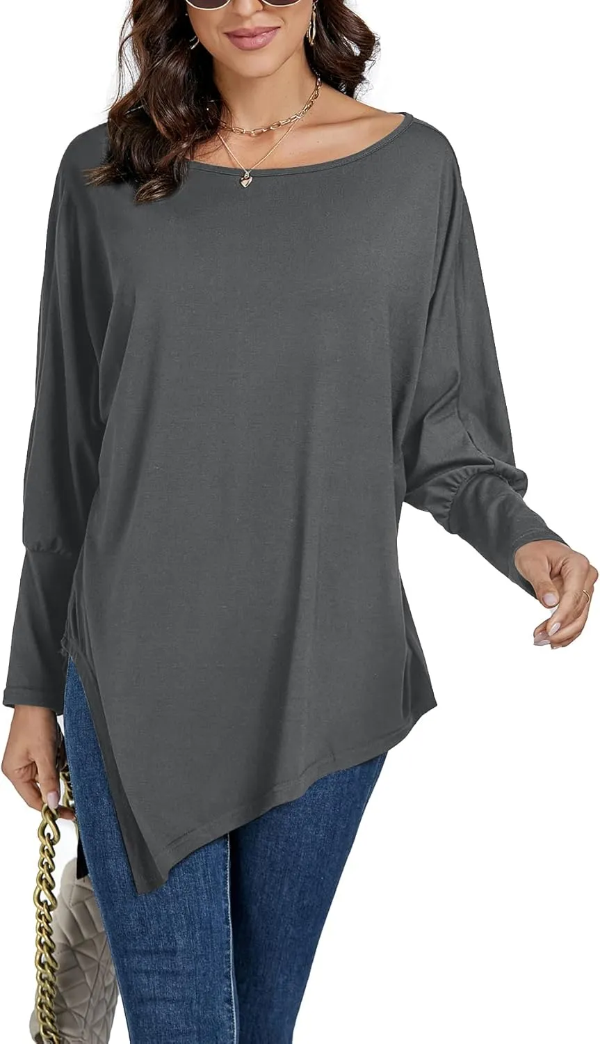 LYANER Women's Boat Neck Asymmetrical Hem Bat Long Sleeve Split Loose Tunic T-Shirt Top