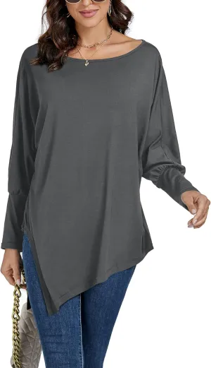 LYANER Women's Boat Neck Asymmetrical Hem Bat Long Sleeve Split Loose Tunic T-Shirt Top