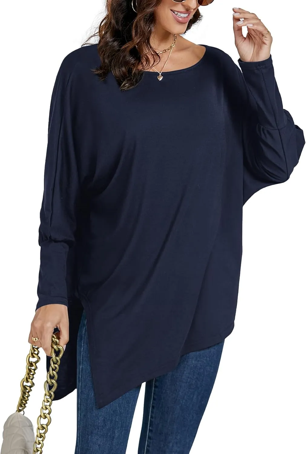 LYANER Women's Boat Neck Asymmetrical Hem Bat Long Sleeve Split Loose Tunic T-Shirt Top