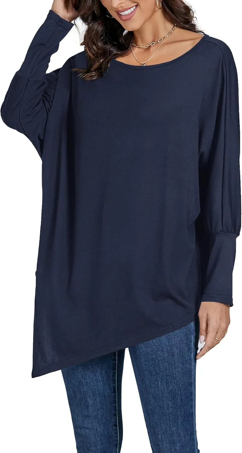 LYANER Women's Boat Neck Asymmetrical Hem Bat Long Sleeve Split Loose Tunic T-Shirt Top