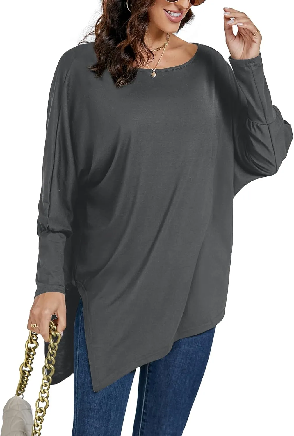LYANER Women's Boat Neck Asymmetrical Hem Bat Long Sleeve Split Loose Tunic T-Shirt Top