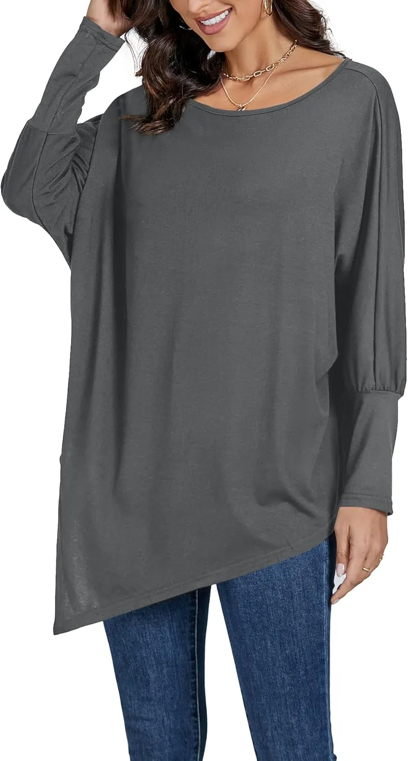 LYANER Women's Boat Neck Asymmetrical Hem Bat Long Sleeve Split Loose Tunic T-Shirt Top