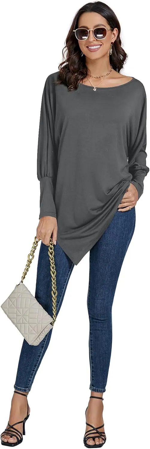 LYANER Women's Boat Neck Asymmetrical Hem Bat Long Sleeve Split Loose Tunic T-Shirt Top