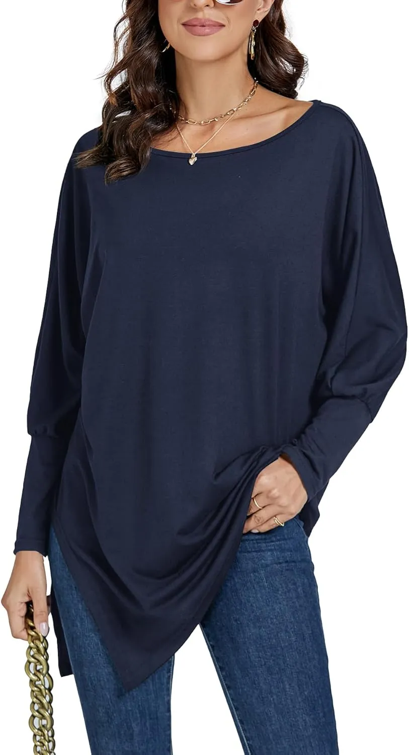LYANER Women's Boat Neck Asymmetrical Hem Bat Long Sleeve Split Loose Tunic T-Shirt Top