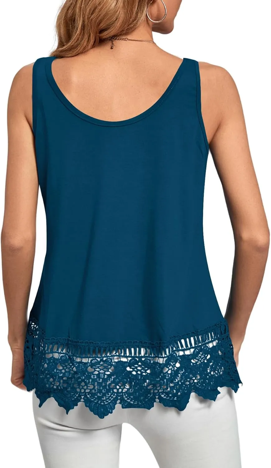 LYANER Women's Lace Hem Boat Neck Sleeveless Swing Trim Loose Tank Tops Blouse