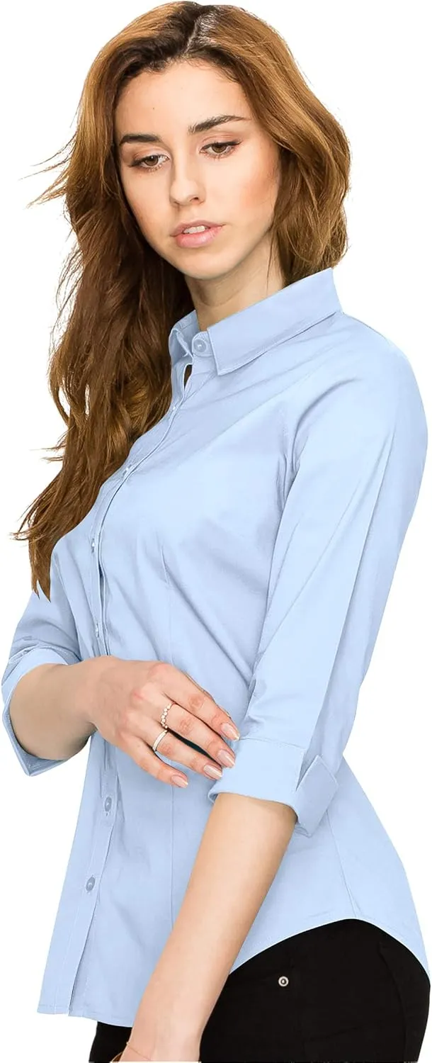 Made By Johnny MBJ Women's Solide 3/4 Sleeve Stretchy Button Down Collared Office Formal Casua Blouse (S~3XL)