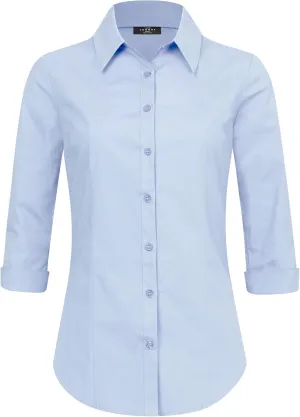 Made By Johnny MBJ Women's Solide 3/4 Sleeve Stretchy Button Down Collared Office Formal Casua Blouse (S~3XL)