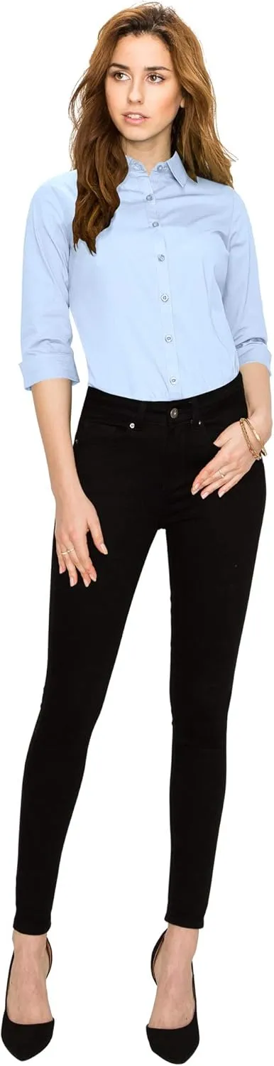 Made By Johnny MBJ Women's Solide 3/4 Sleeve Stretchy Button Down Collared Office Formal Casua Blouse (S~3XL)