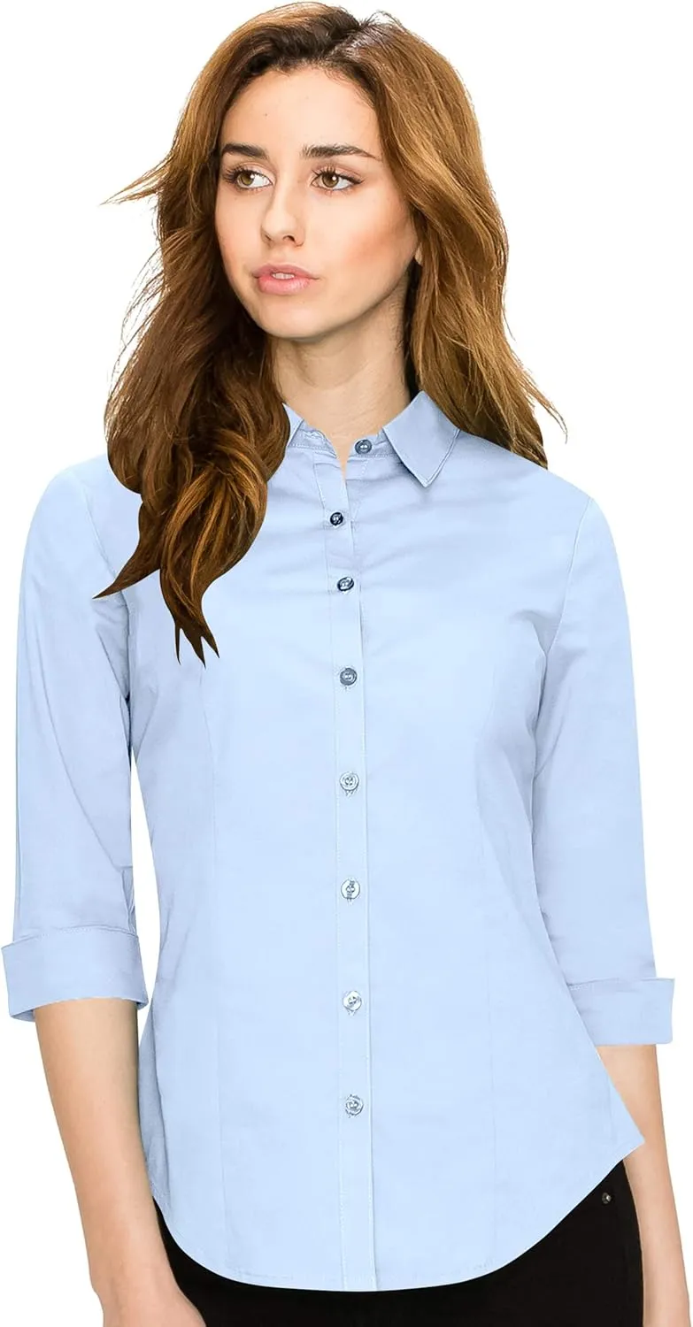 Made By Johnny MBJ Women's Solide 3/4 Sleeve Stretchy Button Down Collared Office Formal Casua Blouse (S~3XL)